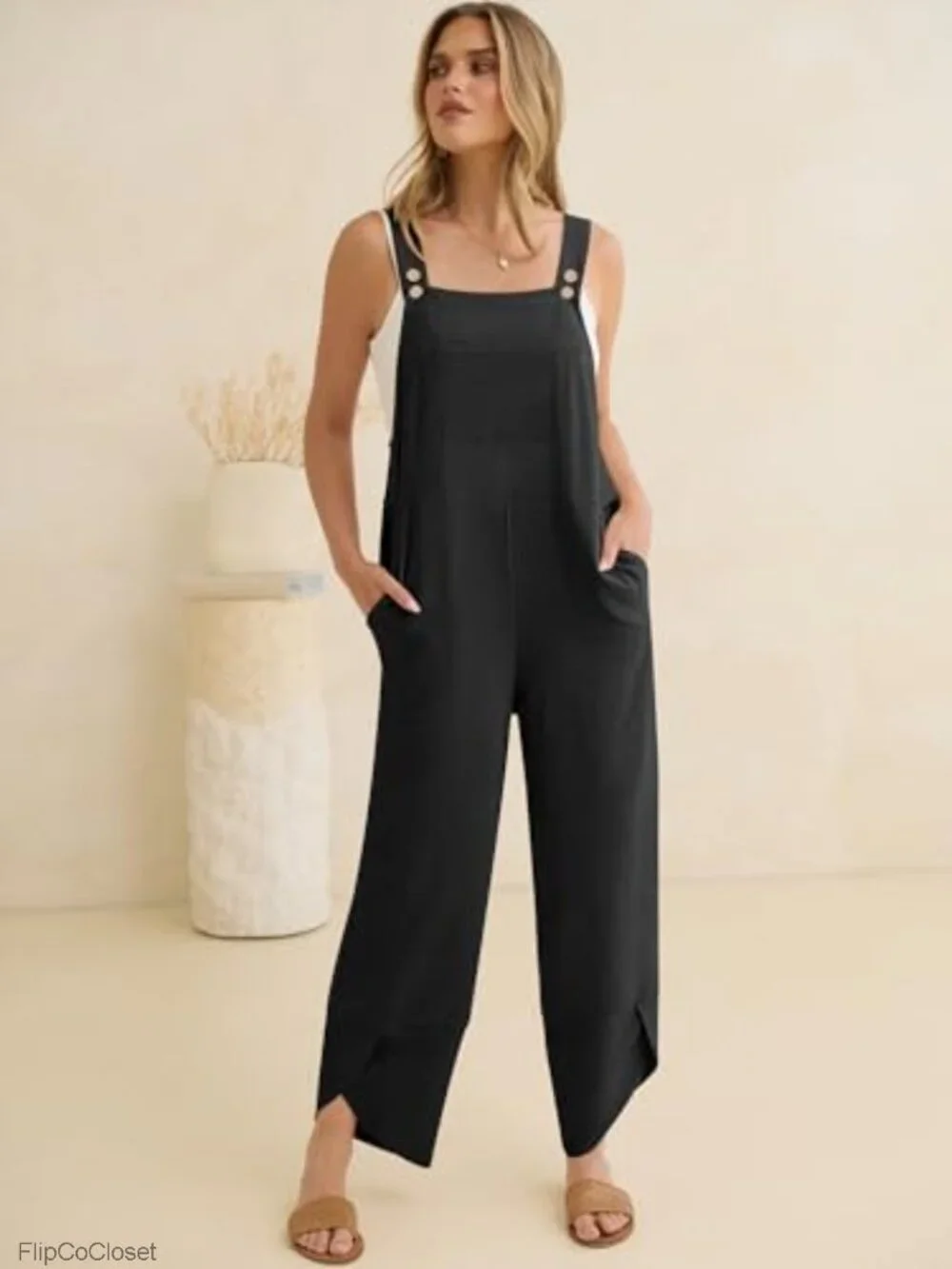 Casual Loose Fit Overall Jumpsuit with Adjustable Straps & Side Pockets